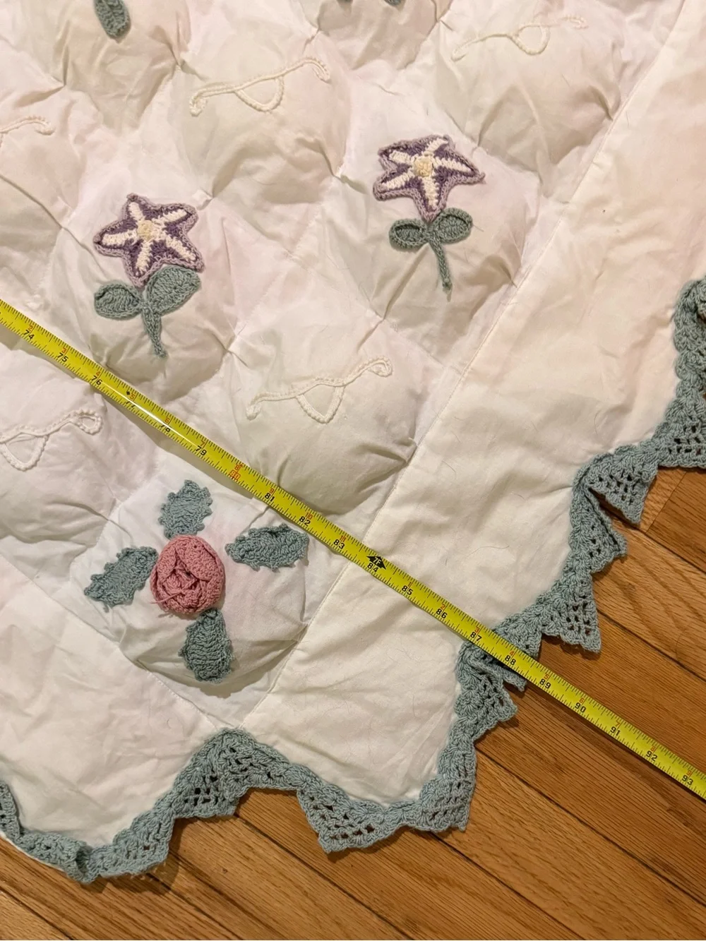 OOAK Handmade White Floral Crochet Appliqué Cotton Comforter Blue Crochet Trim
